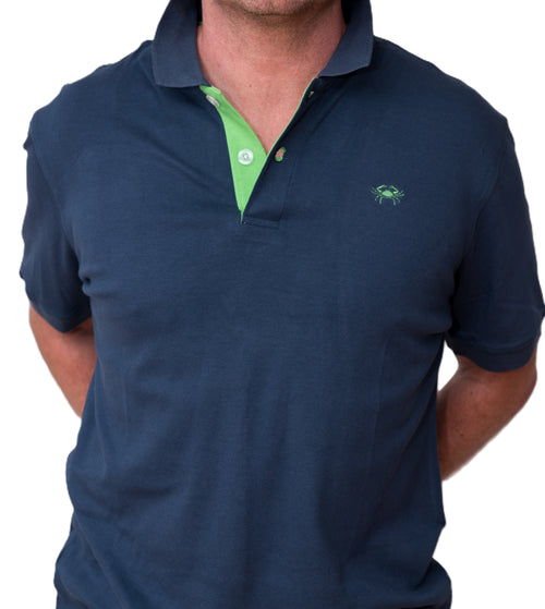 Men's Polo - Green Crab Logo - Navy Blue Shirt