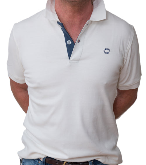 Men's Polo - Navy Blue Fish Logo - White Shirt