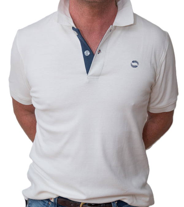 Men's Polo - Navy Blue Fish Logo - White Shirt