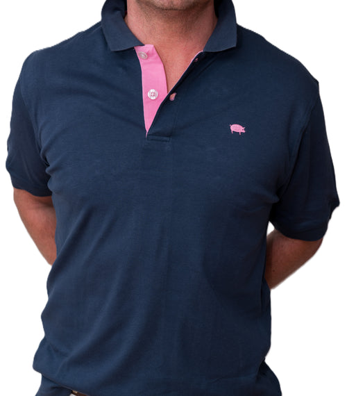 Men's Polo - Pink Pig Logo - Navy Blue Shirt