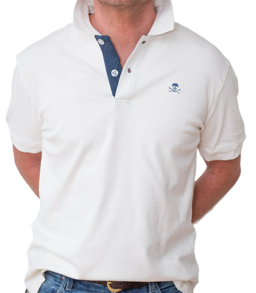 Men's Polo - Navy Blue Skull Logo - White Shirt