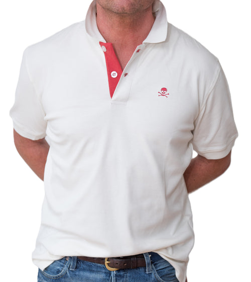 Men's Polo - Red Skull Logo - White Shirt