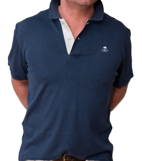 Men's Polo - White Skull Logo - Navy Blue Shirt