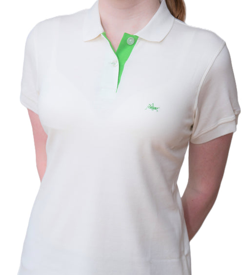 Women's Polo - Green Cricket Logo - White Shirt