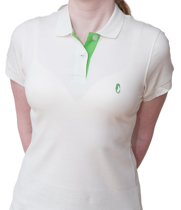 Women's Polo - Green Seahorse Logo - White Shirt