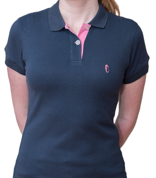 Women's Polo - Pink Seahorse Logo - Navy Blue Shirt