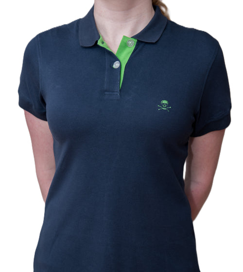 Women's Polo - Green Skull Logo - Navy Blue Shirt