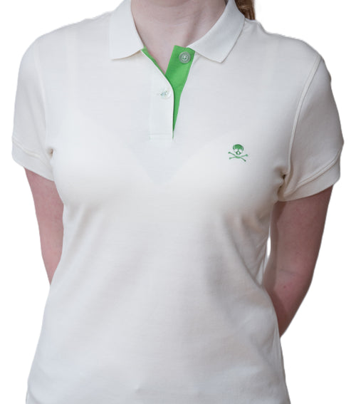 Women's Polo - Green Skull Logo - White Shirt