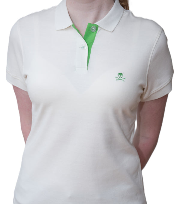 Women's Polo - Green Skull Logo - White Shirt