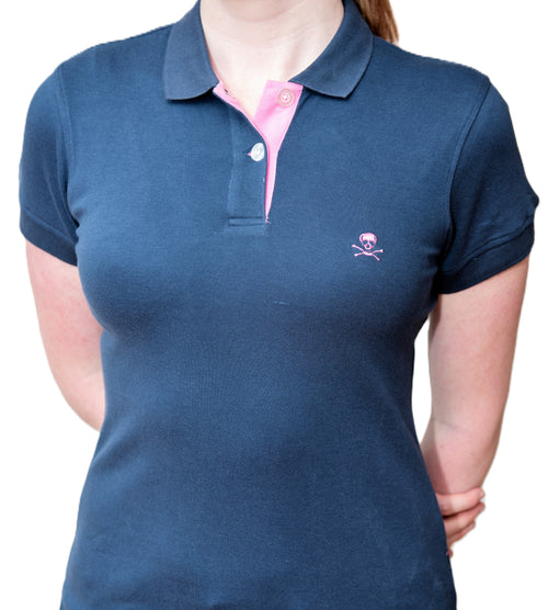 Women's Polo - Pink Skull Logo - Navy Blue Shirt